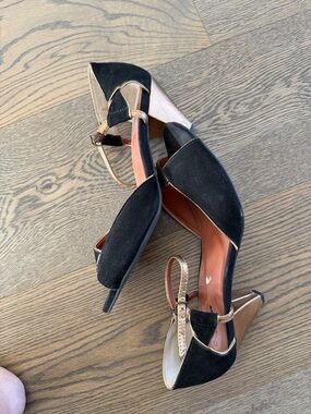 Seychelles Black Suede Pointed-Toe Heels with Gold Accents